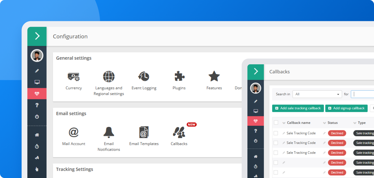 Pantalla de configuración en el panel de comerciante de Post Affiliate Pro, donde encontrarás una nueva interfaz para agregar nuevas URL de callback.