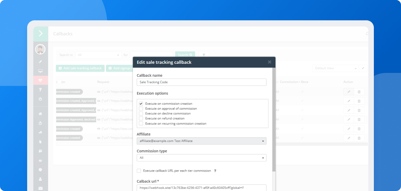 Pantalla de configuración en el panel de comerciante de Post Affiliate Pro donde puedes editar los eventos desencadenantes.